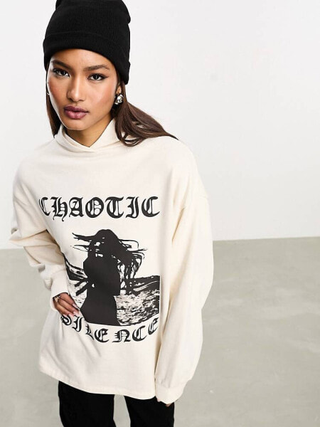 ASOS DESIGN oversized hoodie with chaotic silence indie graphic in neutral