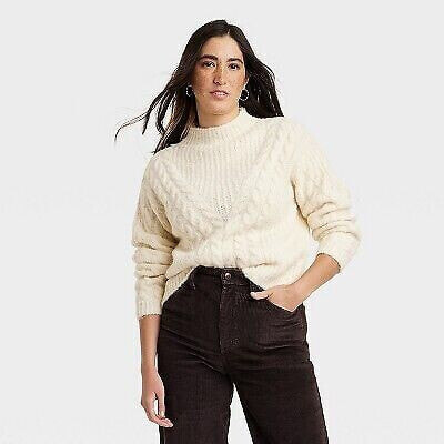 Women's Cable Mock Turtleneck Pullover Sweater - Universal Thread Cream XS