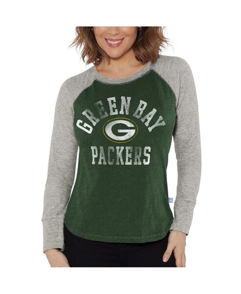 Women's Green, Heather Gray Distressed Green Bay Packers Waffle Knit Raglan Long Sleeve T-shirt