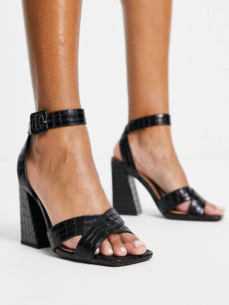 New Look flared croc square toe heeled sandals in black