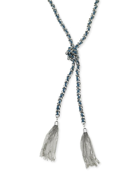 GUESS silver-Tone Woven Blue Twisted Tassel Lariat Necklace