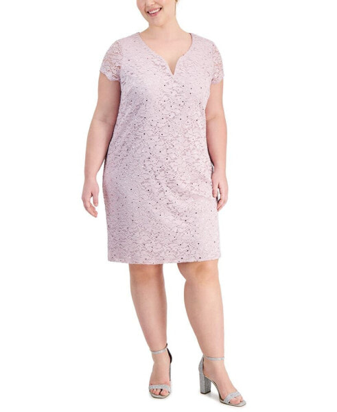 Plus Size V-Slit-Neck Sequin Lace Sheath Dress