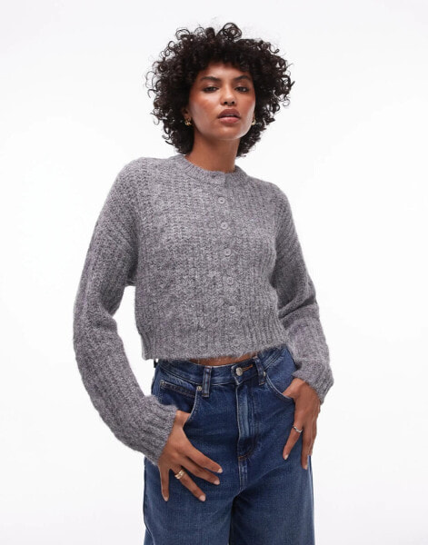 Topshop knitted cropped fluffy cable cardi in grey