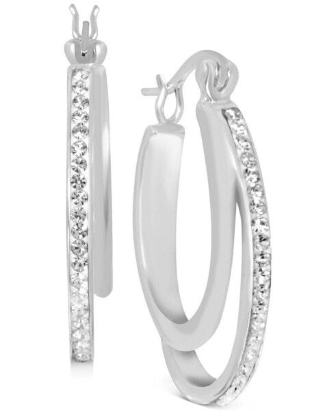 Crystal Double Hoop Earrings in Silver-Plate, 1.2"