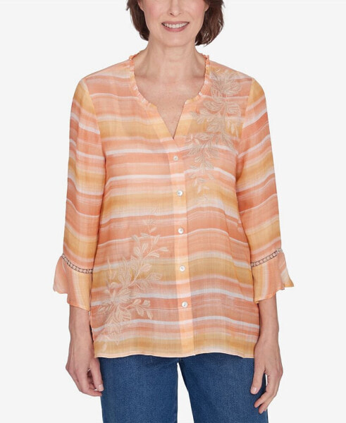 Petite Scottsdale Warm Stripe Floral Embroidered Top