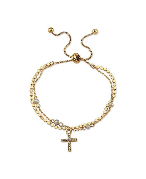14K Gold Flash-Plated Gray Fresh Water Pearl and Crystal Cross Double Strand Bolo Bracelet