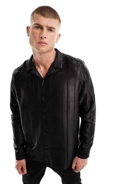 ASOS DESIGN relaxed deep revere striped jacquard satin shirt in black