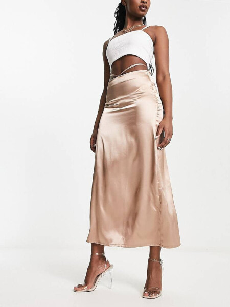 Reclaimed Vintage low slung satin midaxi skirt in vintage brown