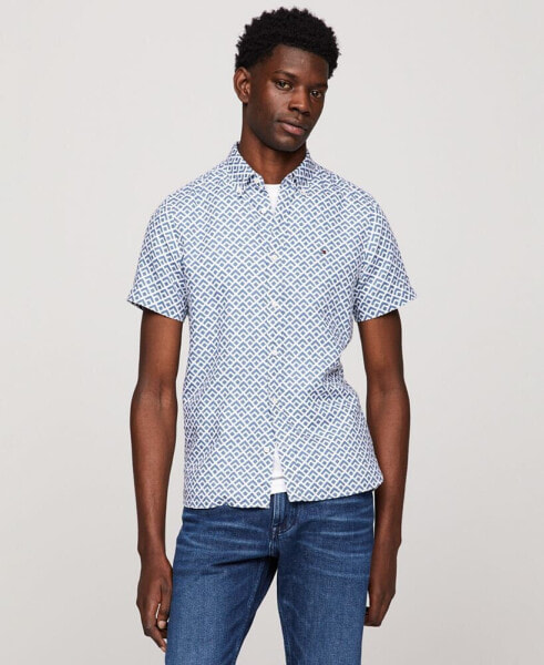 Men's Slim Fit Short Sleeve Geometric Print Button-Front Shirt