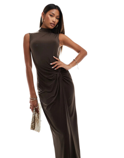 Flounce London high neck maxi dress with ruched detail in chocolate brown