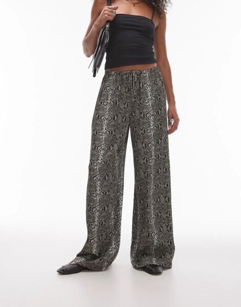 Topshop satin wide leg trouser with tie waist in snake