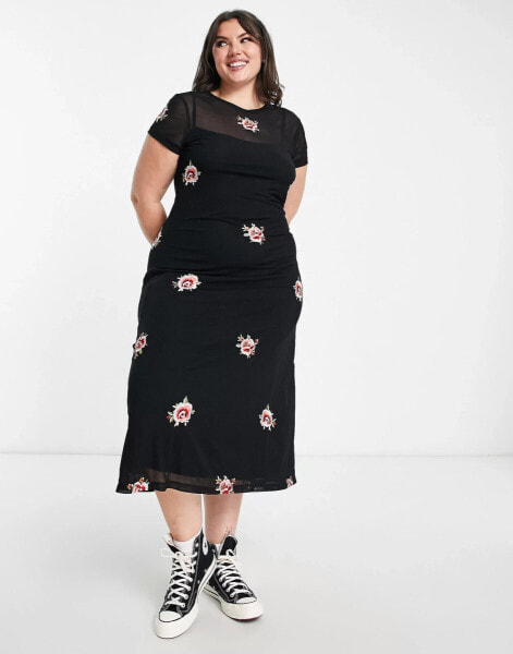 ASOS DESIGN Curve – Midikleid aus schwarzem Netzstoff mit Blumenstickerei