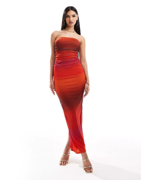 Missyempire exclusive bandeau mesh ruched maxi dress in orange ombre