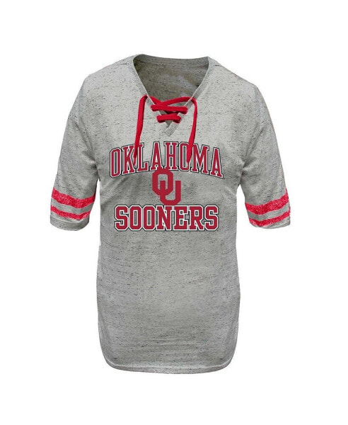 Women's Heather Gray Distressed Oklahoma Sooners Plus Size Striped Lace-Up T-shirt