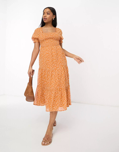 Influence shirred front tiered midi dress in orange ditsy floral