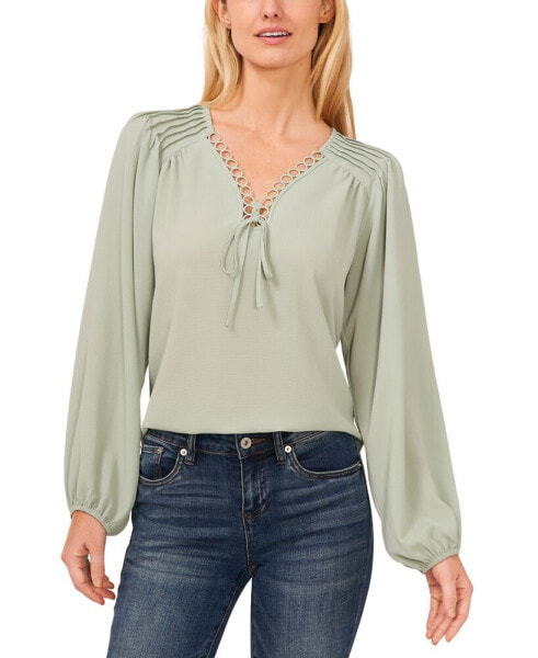 Women's Circular Trim Pin-Tuck Long Sleeve Blouse