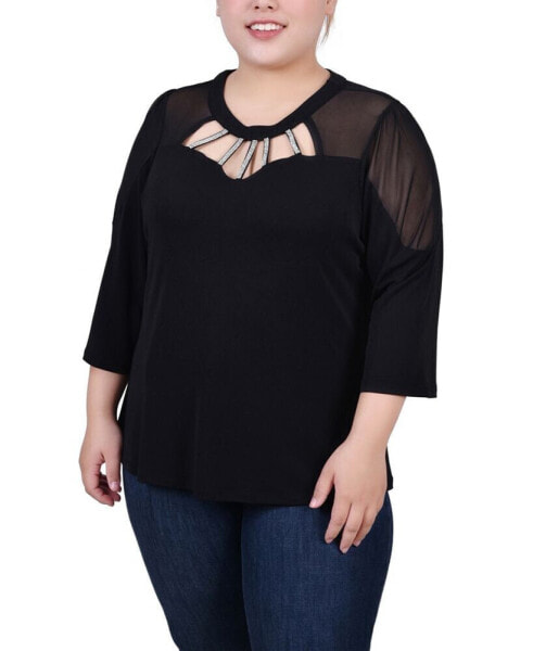 Plus Size 3/4 Sleeve Top with Neckline Cutouts and Stones