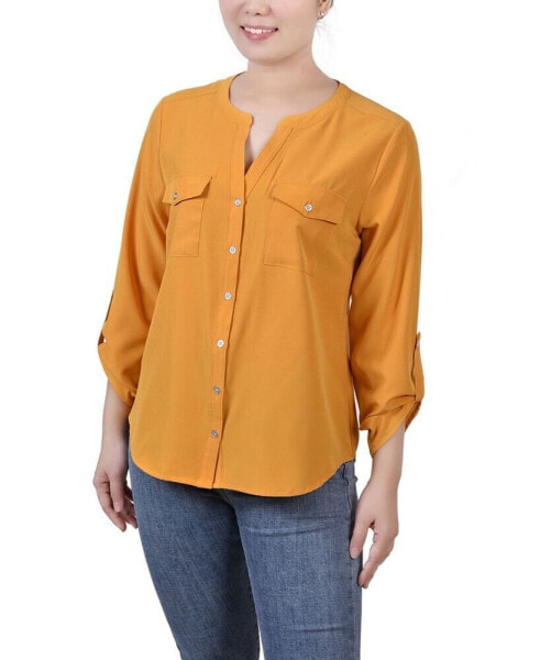 Petite Size 3/4 Sleeve Roll Tab Y-neck Blouse
