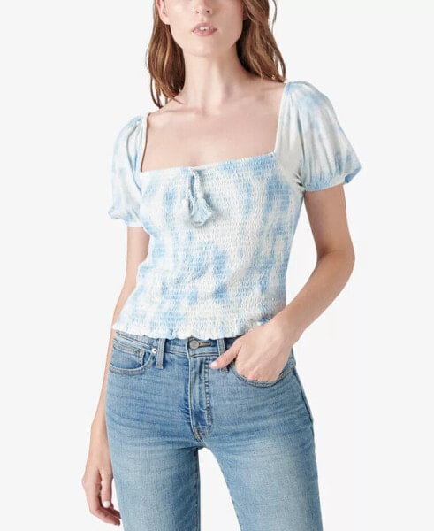 Lucky Brand Women Cotton Square-Neck Smocked Top Blue Bell Size L