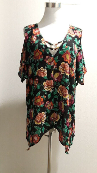 Thalia Sodi Women's Ring V Neck Ruffle Cold Shoulder Sleeve Floral Black Green L