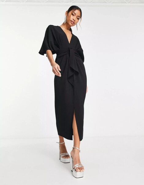 ASOS DESIGN batwing plunge neck tie front crepe midi dress in black