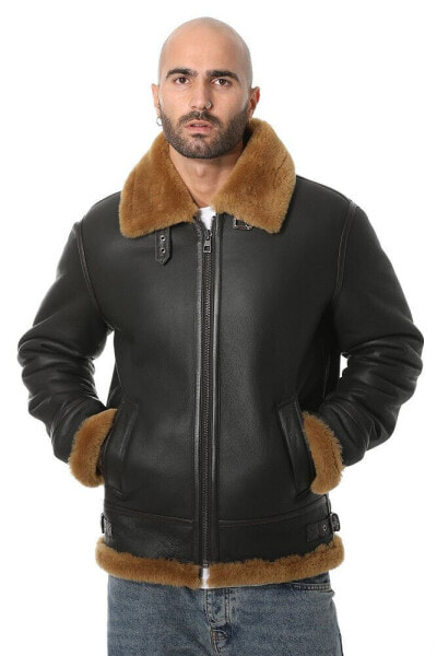 Men's Shearling RAF B3 Aviator Jacket, Silky Brown with Ginger Wool