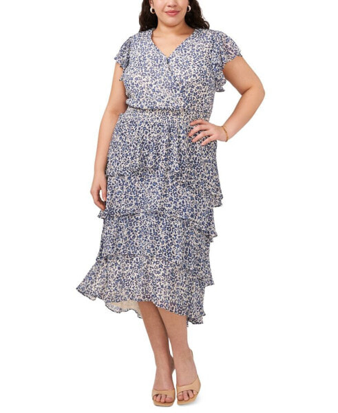 Plus Size Printed Tiered Flutter-Sleeve Midi Dress