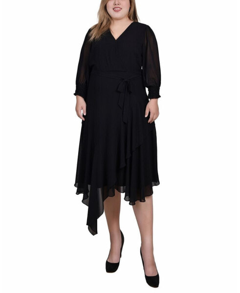 Plus Size 3/4 Sleeve Belted Chiffon Handkerchief Hem Dress