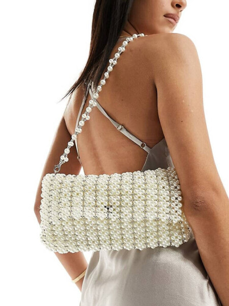 True Decadence all over pearl foldover shoulder bag in silver