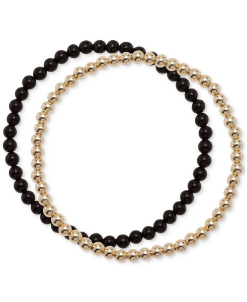 2-Pc. Set Cultured Freshwater Pearl (4-1/2 - 5mm) & Polished Bead Stretch Bracelets in 18k Gold-Plated Sterling Silver