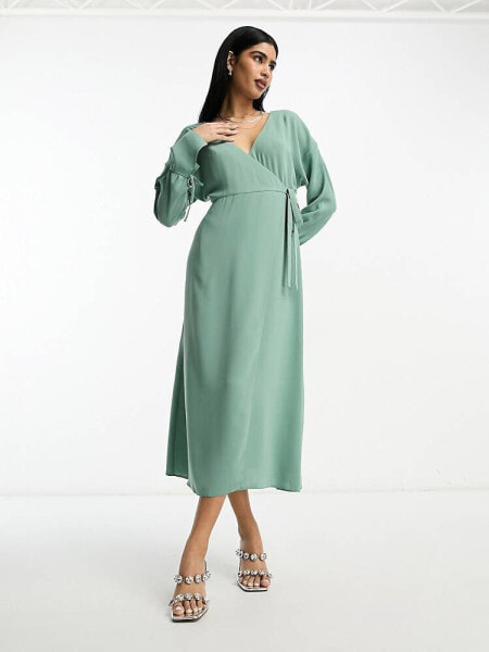 ASOS DESIGN wrap midi dress with tie cuff detail in sage green