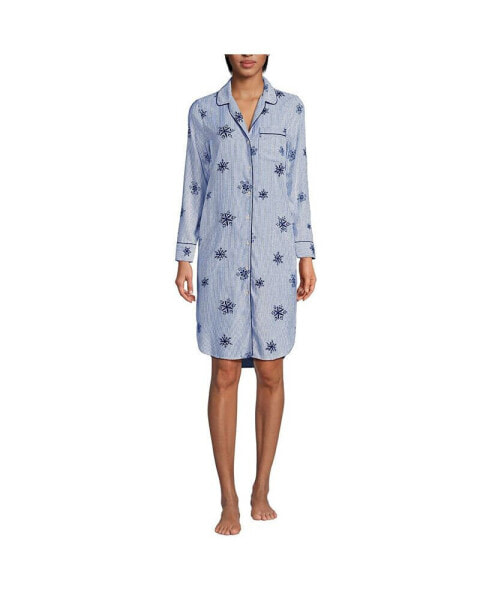 Women's Drapey Flannel Long Sleeve Button Down Knee Length Sleepshirt Nightgown