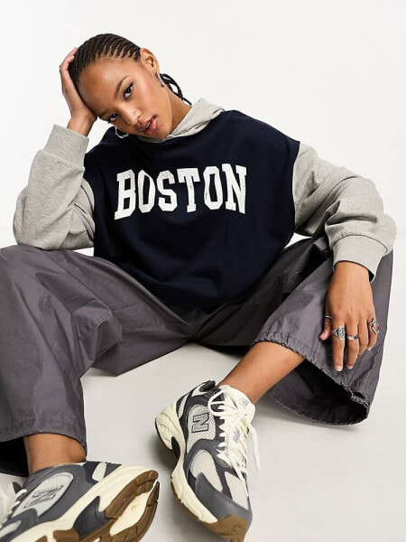 ASOS DESIGN oversized colourblock hoodie with boston graphic in grey marl and navy