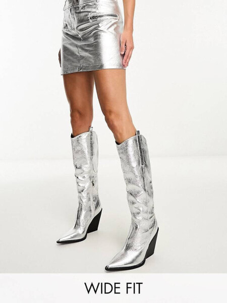 Public Desire Wide Fit Navada western knee boot in textured silver 