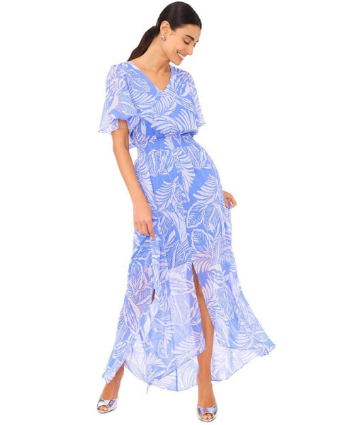 Women's Tropical-Print Smocked-Waist Flutter-Sleeve Maxi Dress