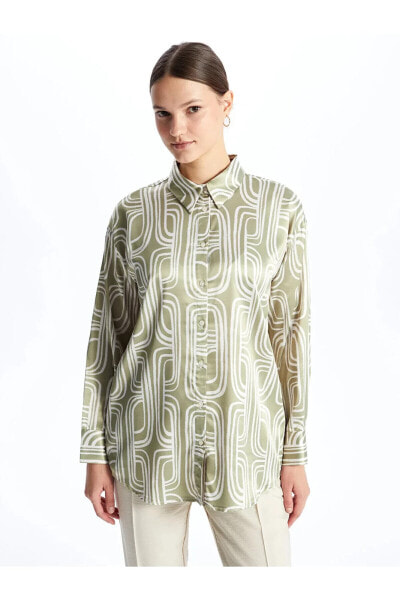 Modest Desenli Uzun Kollu Saten Kadın Gömlek Tunik