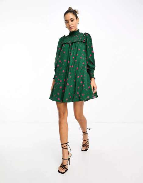 Glamorous high neck mini smock dress with shirring in green pink floral