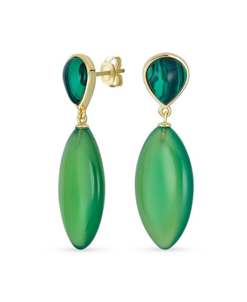 Unique Geometric Linear Malachite Green Onyx Rhombus Shape Tear Drop Natural Multi-Gemstone Party Dangling Earrings in 14K Yellow Gold Plated