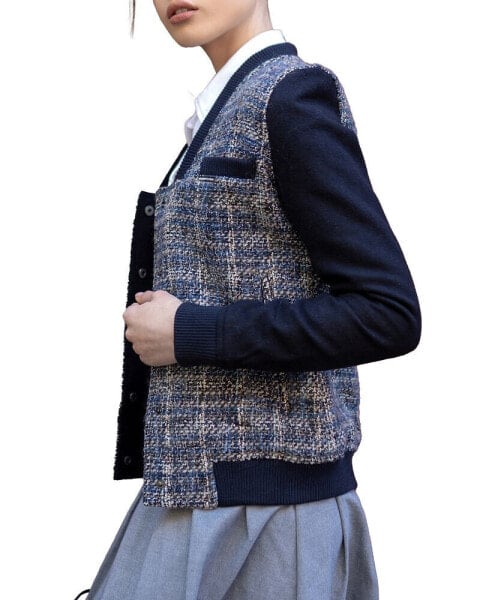 Women's Updated Tweed Varsity Jacket with Contrast Sleeve