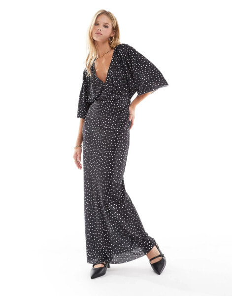 ASOS DESIGN plisse v-neck midi dress with batwing sleeve in polka dot print