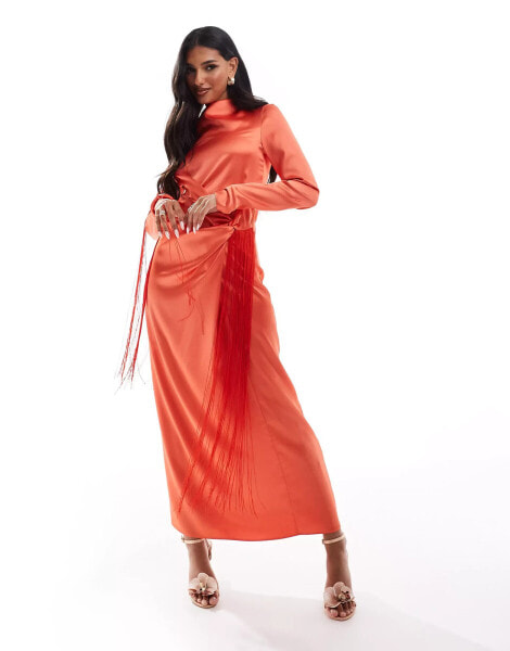 Daska long sleeve maxi dress with twist in orange