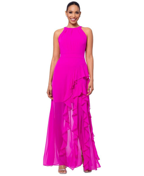 Petite Ruffled Halter Gown