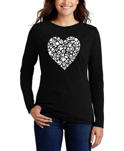 Women's Long Sleeve Word Art Paw Prints Heart T-shirt