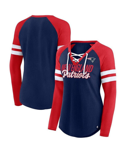 Women's Navy, Red New England Patriots Plus Size True to Form Lace-Up V-Neck Raglan Long Sleeve T-shirt