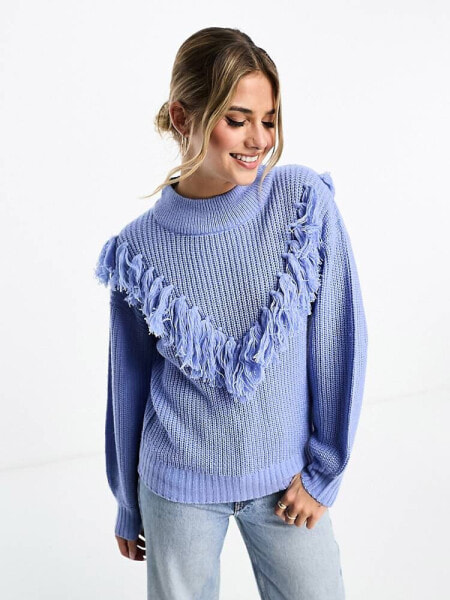 Wednesday's Girl crew neck jumper with fringe detail in blue