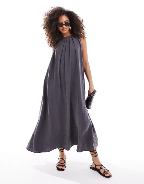 ASOS DESIGN sleeveless pleated oversized maxi dress in charcoal