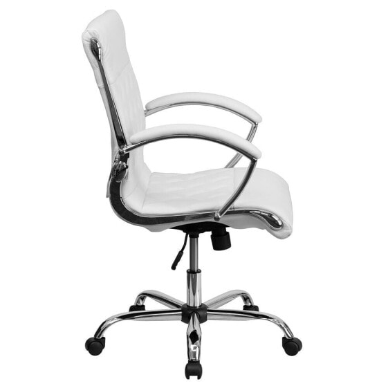 Mid-Back Designer White Leather Executive Swivel Chair With Chrome Base And Arms
