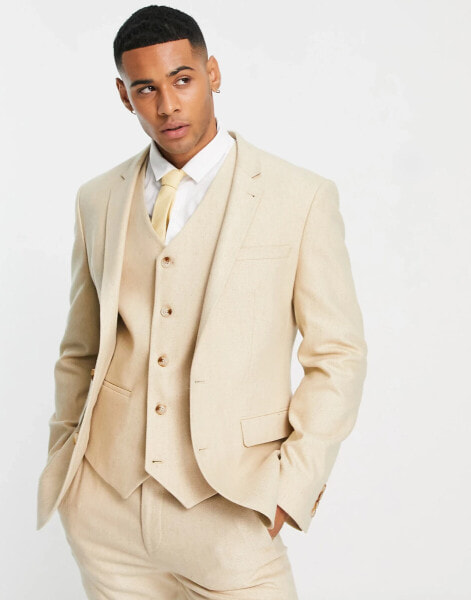 ASOS DESIGN wedding skinny wool mix suit jacket in stone basketweave texture