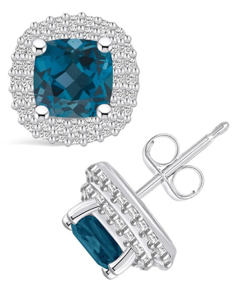 London Topaz (2-1/2 ct. t.w.) and Diamond (3/8 ct. t.w.) Halo Stud Earrings in 14K White Gold