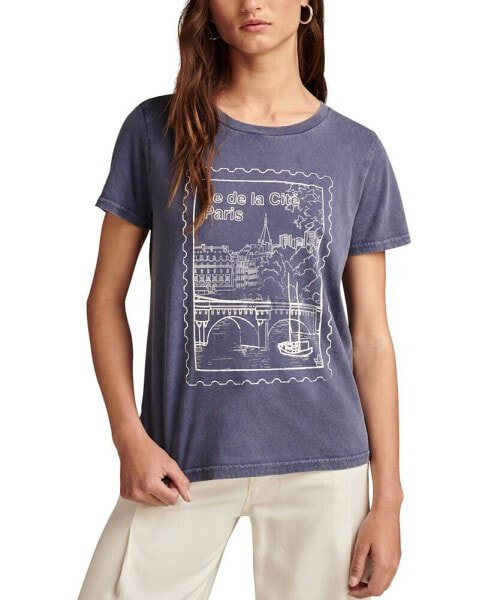 Women's Paris Post Stamp Crewneck Cotton T-Shirt